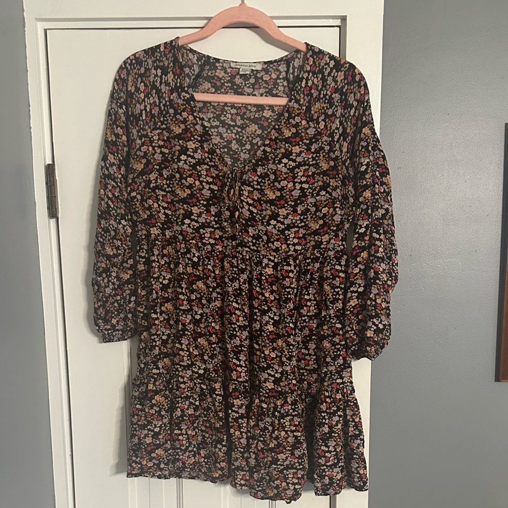 American Eagle Black Floral Babydoll Mini Dress Tiered Boho Size Small